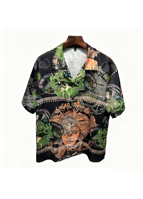 เสื้อเชิ้ตแขนสั้นพิมพ์ลาย Baroque Medallion สุดหรู | ชุดรีสอร์ทสำหรับผู้ชายที่ระบายอากาศได้ดี Silk-Touch