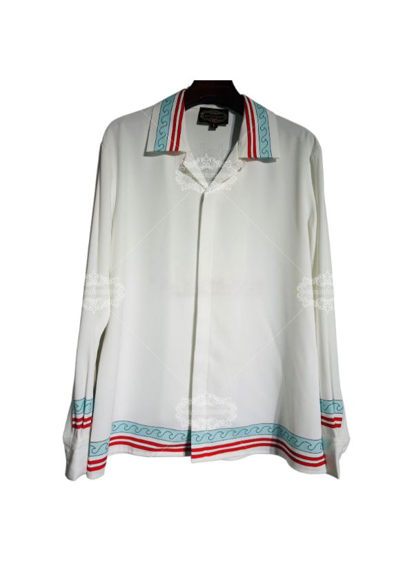เสื้อเชิ้ตแขนยาวลายคลื่นชายฝั่ง | ย้อนยุค รีสอร์ท ไวท์แคชชวล