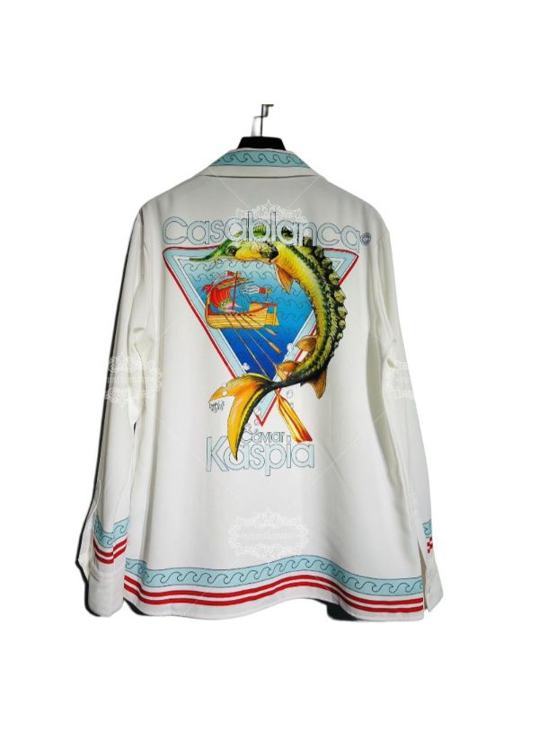 เสื้อเชิ้ตแขนยาวลายคลื่นชายฝั่ง | ย้อนยุค รีสอร์ท ไวท์แคชชวล