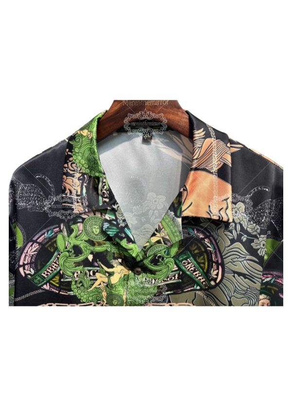 เสื้อเชิ้ตแขนสั้นพิมพ์ลาย Baroque Medallion สุดหรู | ชุดรีสอร์ทสำหรับผู้ชายที่ระบายอากาศได้ดี Silk-Touch