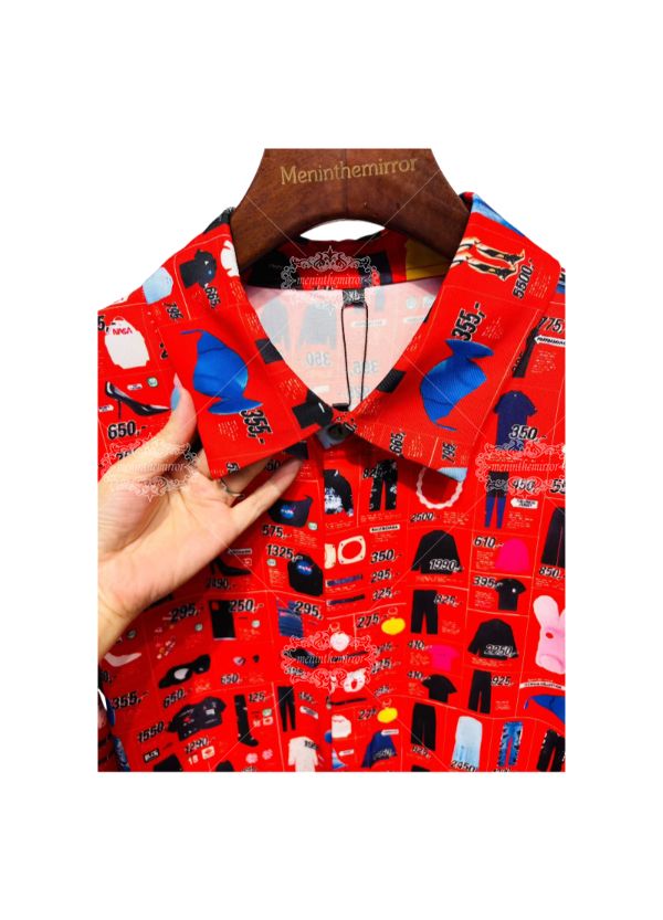 เสื้อเชิ้ตไอคอนผลิตภัณฑ์ป๊อปอาร์ตสีแดง | ปลอกคอเพื่อการพักผ่อน