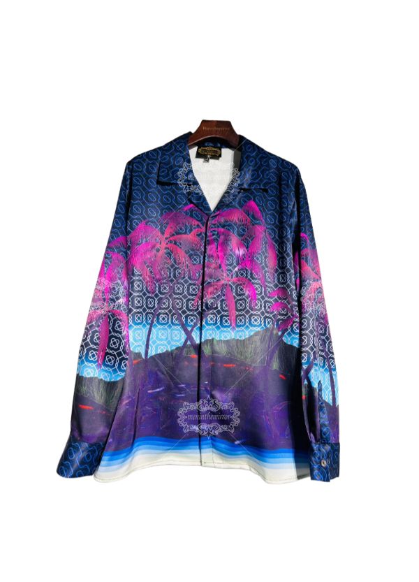 เสื้อเชิ้ตแขนยาวพิมพ์ลายฝ่ามือนีออนสีสันสดใส | เสื้อผ้ารีสอร์ทหรู