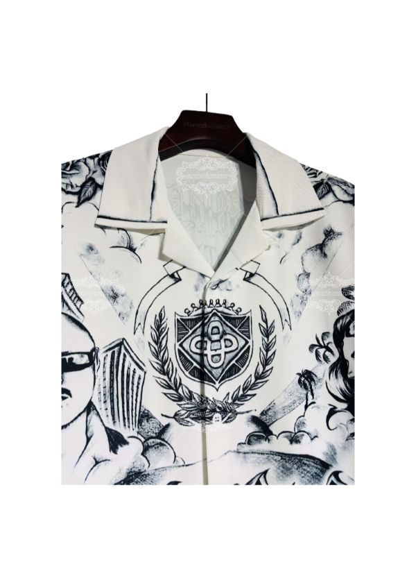 เสื้อเชิ้ตพิมพ์ลาย Tattoo Art Cityscape | กราฟิกเมือง Dark Luxe แบบยาว