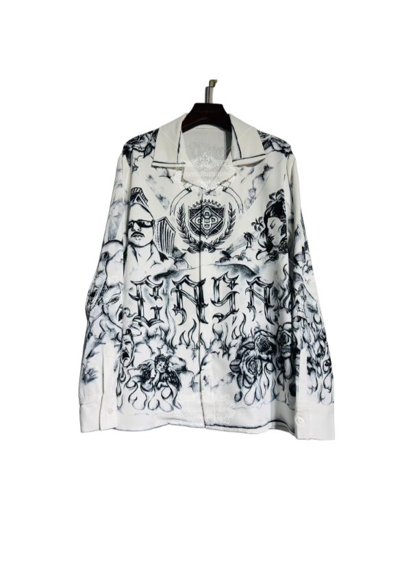 เสื้อเชิ้ตพิมพ์ลาย Tattoo Art Cityscape | กราฟิกเมือง Dark Luxe แบบยาว