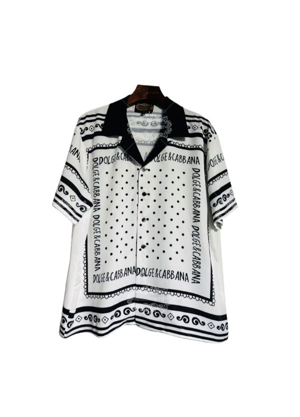 เสื้อเชิ้ตแขนสั้นลายจุดขาวดำ | ผ้าพันคอไหมหรูหราย้อนยุค