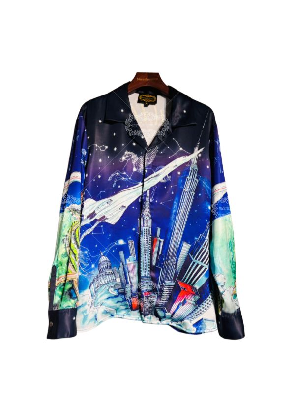 เสื้อเชิ้ตพิมพ์ลาย Cityscape ระดับโลกสุดหรู | ศิลปะการเดินทางผ้าไหมซาตินแบบยาว