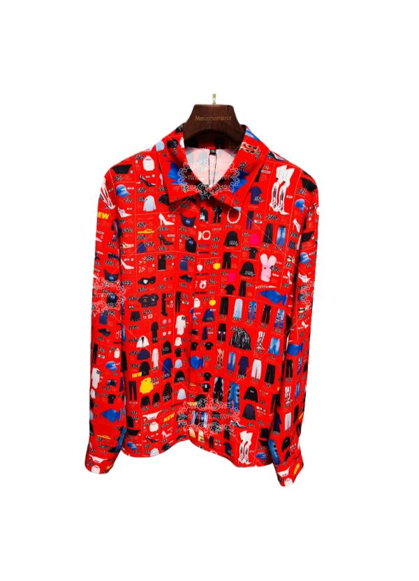 เสื้อเชิ้ตไอคอนผลิตภัณฑ์ป๊อปอาร์ตสีแดง | ปลอกคอเพื่อการพักผ่อน