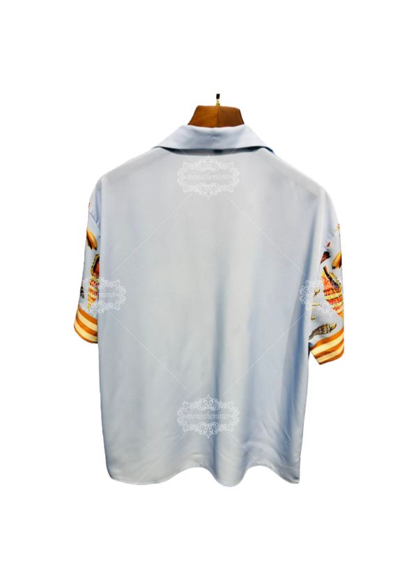 เสื้อเชิ้ตพิมพ์ลายเปลือกหอยสีฟ้าอ่อน | รีสอร์ตย้อนยุคแบบสั้น
