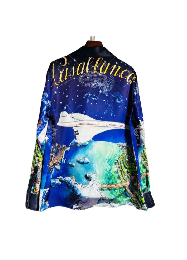 เสื้อเชิ้ตพิมพ์ลาย Cityscape ระดับโลกสุดหรู | ศิลปะการเดินทางผ้าไหมซาตินแบบยาว