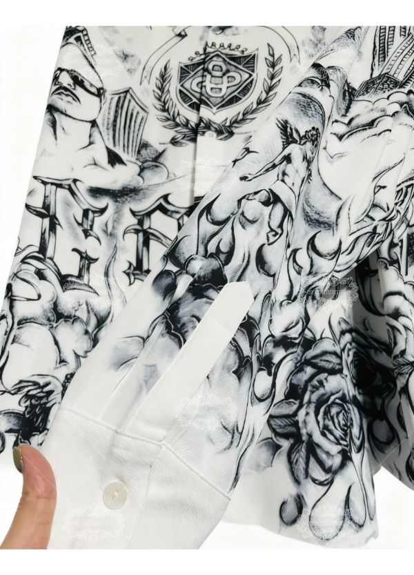 เสื้อเชิ้ตพิมพ์ลาย Tattoo Art Cityscape | กราฟิกเมือง Dark Luxe แบบยาว