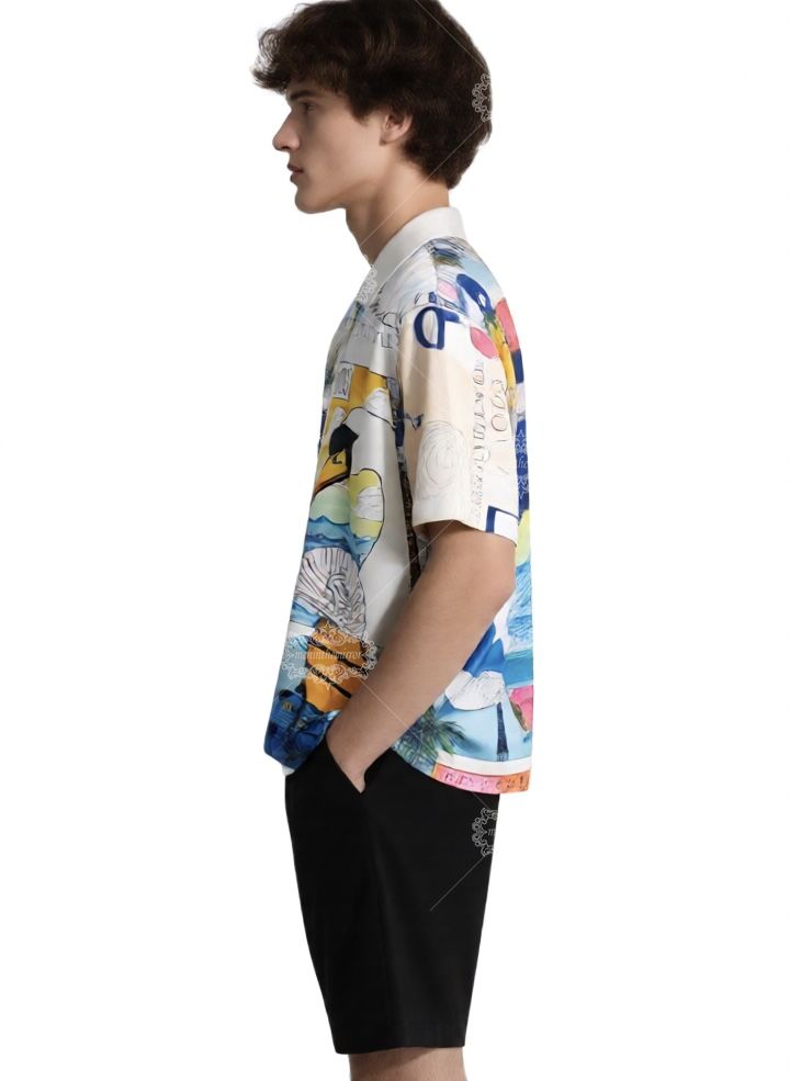 เสื้อเชิ้ตพิมพ์ลายเรขาคณิตสีฟ้าน้ำทะเลที่มีชีวิตชีวา | สตรีทแวร์หรูหราที่มีคอนทราสต์สูง