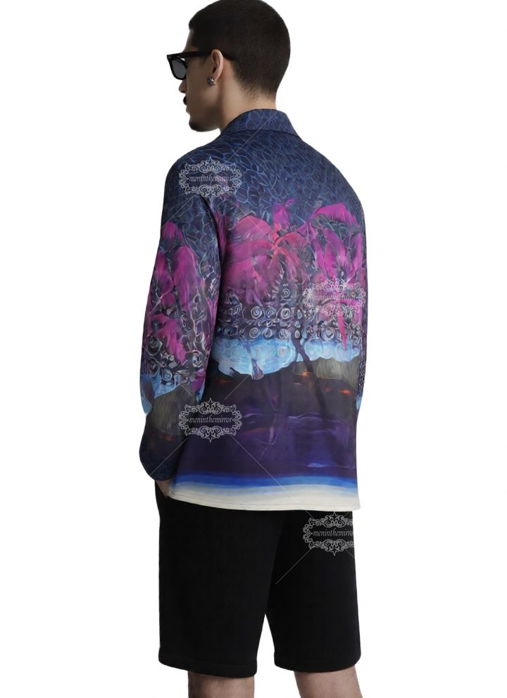เสื้อเชิ้ตแขนยาวพิมพ์ลายฝ่ามือนีออนสีสันสดใส | เสื้อผ้ารีสอร์ทหรู
