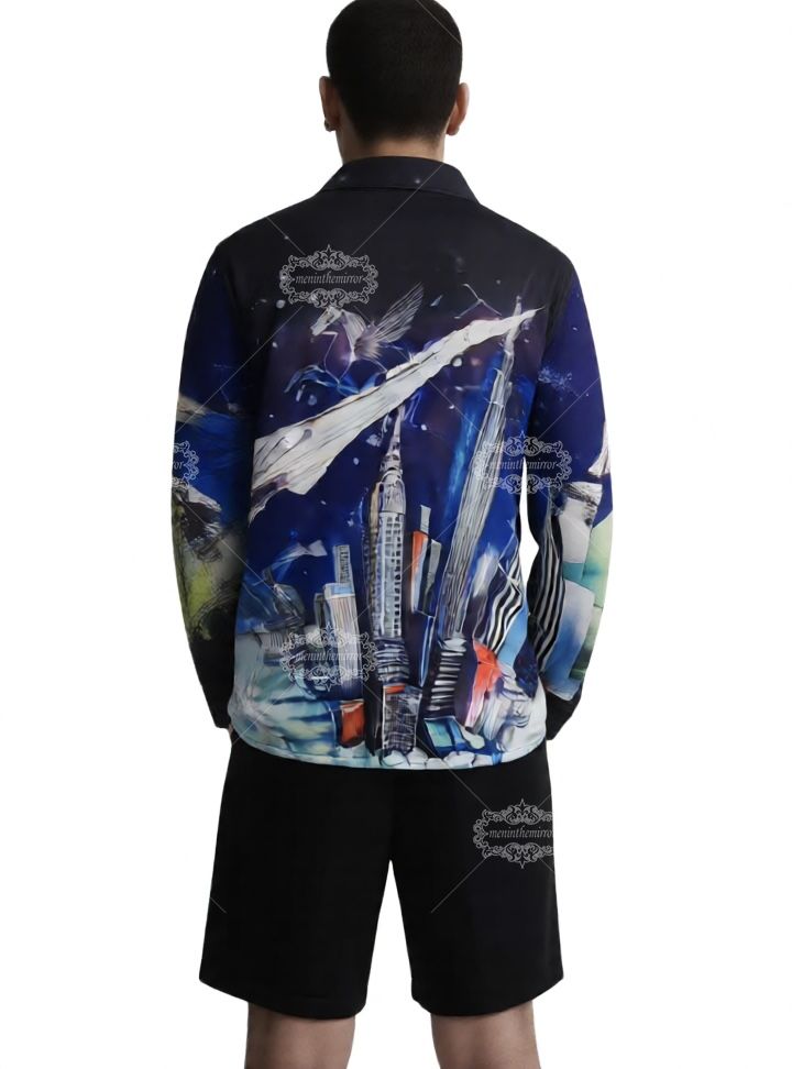 เสื้อเชิ้ตพิมพ์ลาย Cityscape ระดับโลกสุดหรู | ศิลปะการเดินทางผ้าไหมซาตินแบบยาว