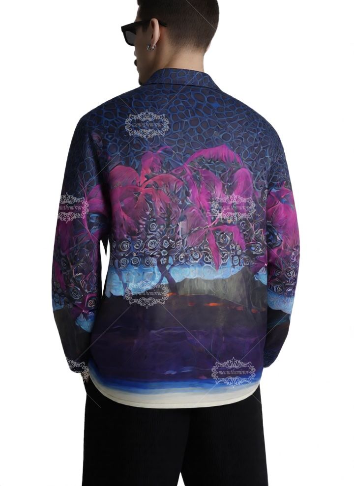 เสื้อเชิ้ตแขนยาวพิมพ์ลายฝ่ามือนีออนสีสันสดใส | เสื้อผ้ารีสอร์ทหรู