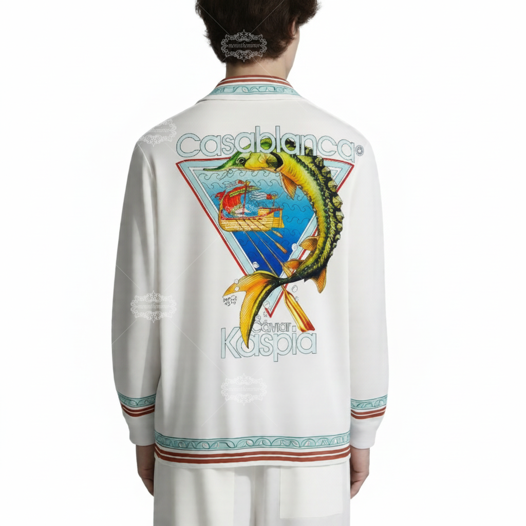 เสื้อเชิ้ตแขนยาวลายคลื่นชายฝั่ง | ย้อนยุค รีสอร์ท ไวท์แคชชวล