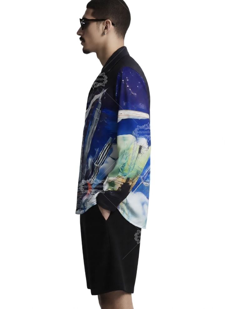เสื้อเชิ้ตพิมพ์ลาย Cityscape ระดับโลกสุดหรู | ศิลปะการเดินทางผ้าไหมซาตินแบบยาว