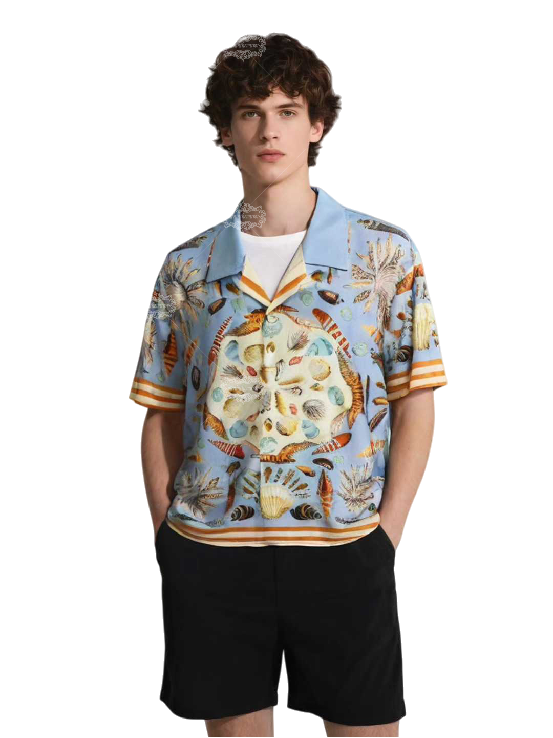 เสื้อเชิ้ตพิมพ์ลายเปลือกหอยสีฟ้าอ่อน | รีสอร์ตย้อนยุคแบบสั้น