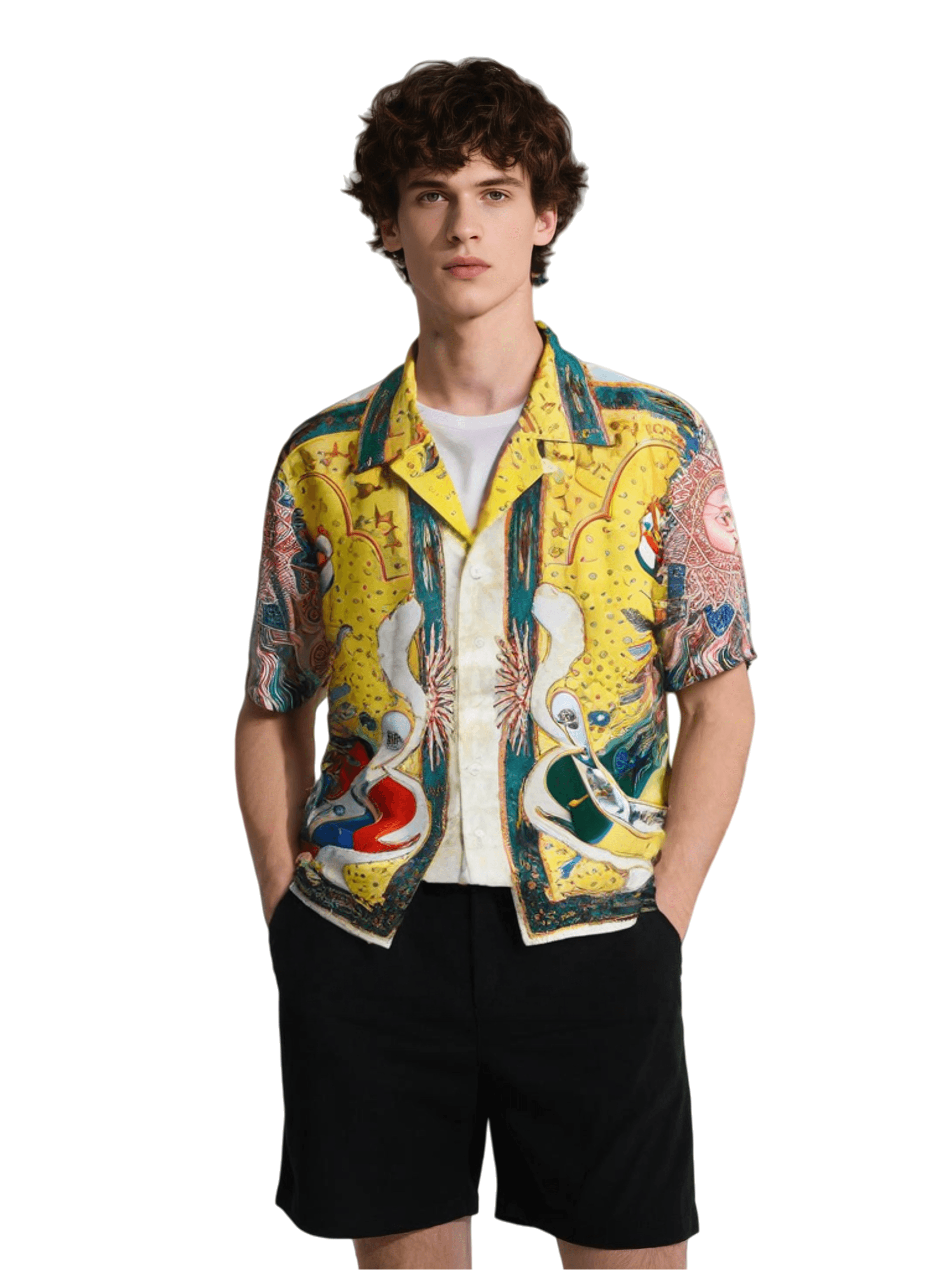 Vibrant Sun God & Sundial Print Shirt | กางเกงขาสั้น Luxe Yellow Baroque