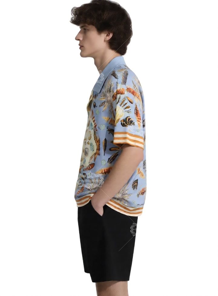 เสื้อเชิ้ตพิมพ์ลายเปลือกหอยสีฟ้าอ่อน | รีสอร์ตย้อนยุคแบบสั้น