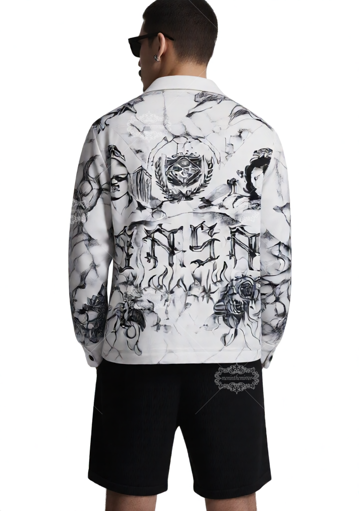 เสื้อเชิ้ตพิมพ์ลาย Tattoo Art Cityscape | กราฟิกเมือง Dark Luxe แบบยาว