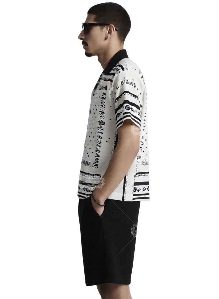 เสื้อเชิ้ตแขนสั้นลายจุดขาวดำ | ผ้าพันคอไหมหรูหราย้อนยุค