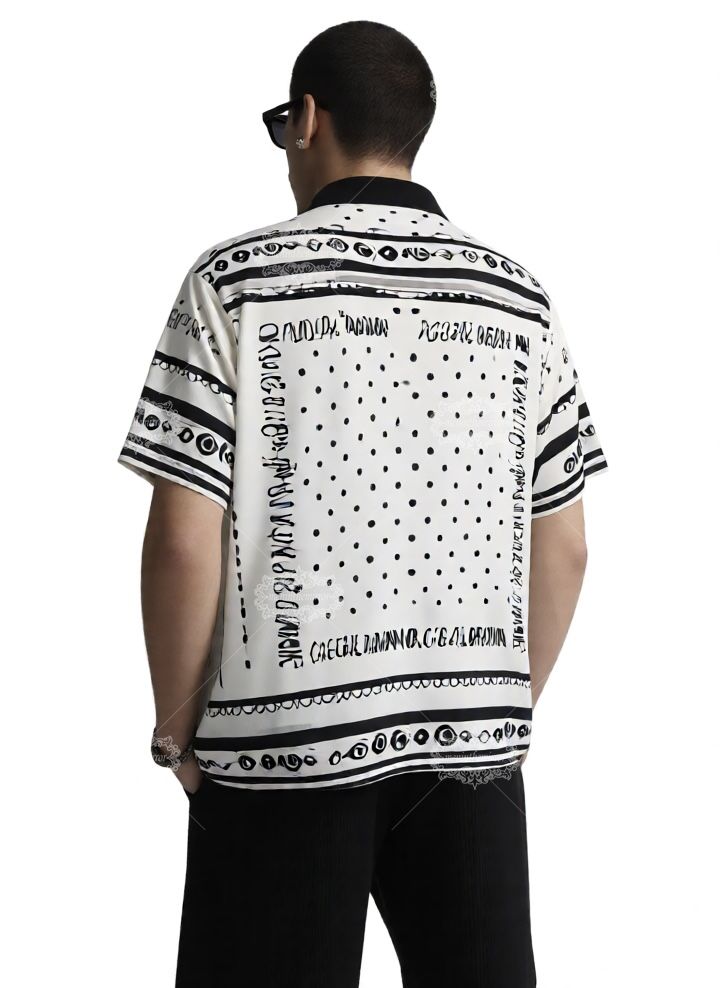 เสื้อเชิ้ตแขนสั้นลายจุดขาวดำ | ผ้าพันคอไหมหรูหราย้อนยุค