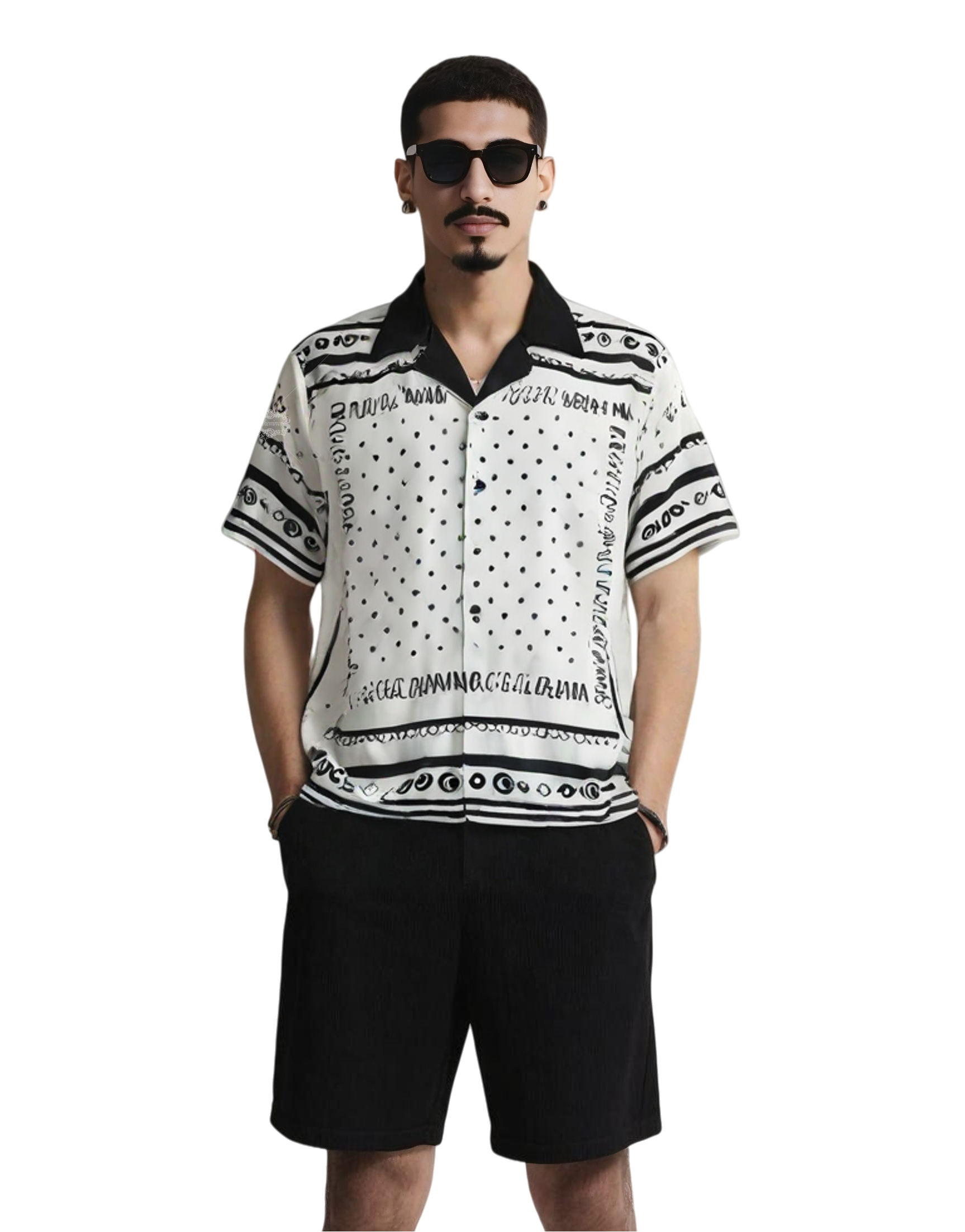 เสื้อเชิ้ตแขนสั้นลายจุดขาวดำ | ผ้าพันคอไหมหรูหราย้อนยุค